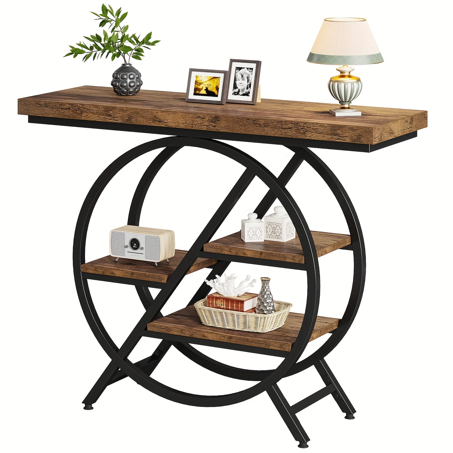 Rustic Brown Vintage Entryway Table with Circular Base and Shelves for Stylish Home Decor