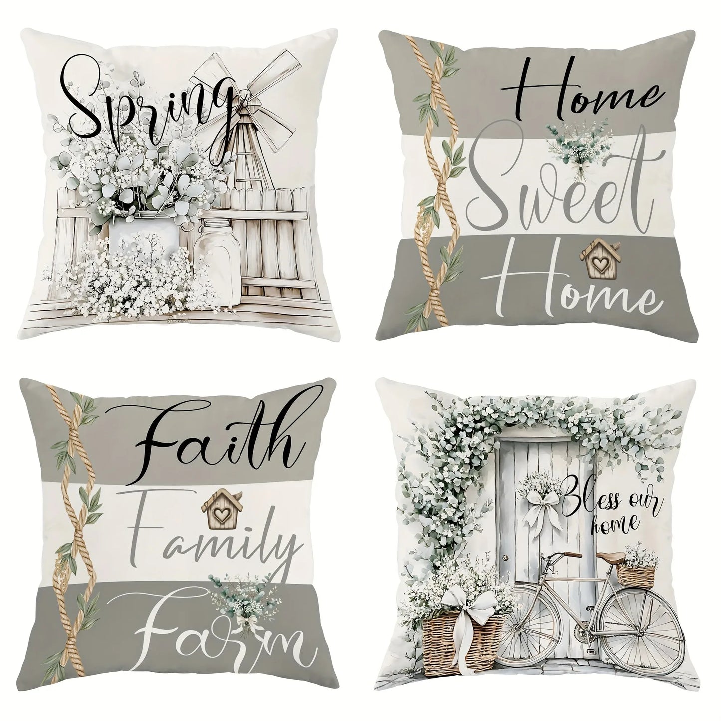 Set of four rustic farmhouse pillow cover designs with spring, home sweet home, faith family farm, and vintage bicycle themes