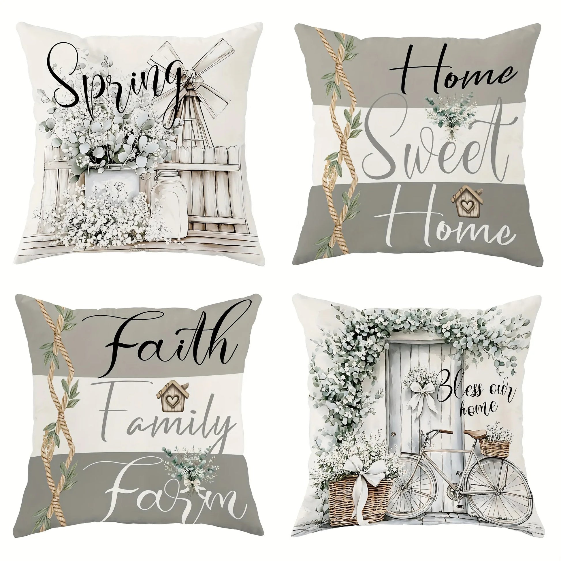 Set of four rustic farmhouse pillow cover designs with spring, home sweet home, faith family farm, and vintage bicycle themes