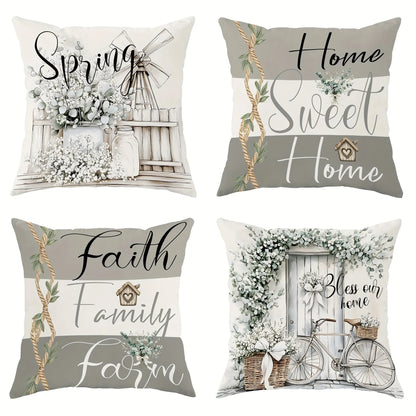 Set of four rustic farmhouse pillow cover designs with spring, home sweet home, faith family farm, and vintage bicycle themes