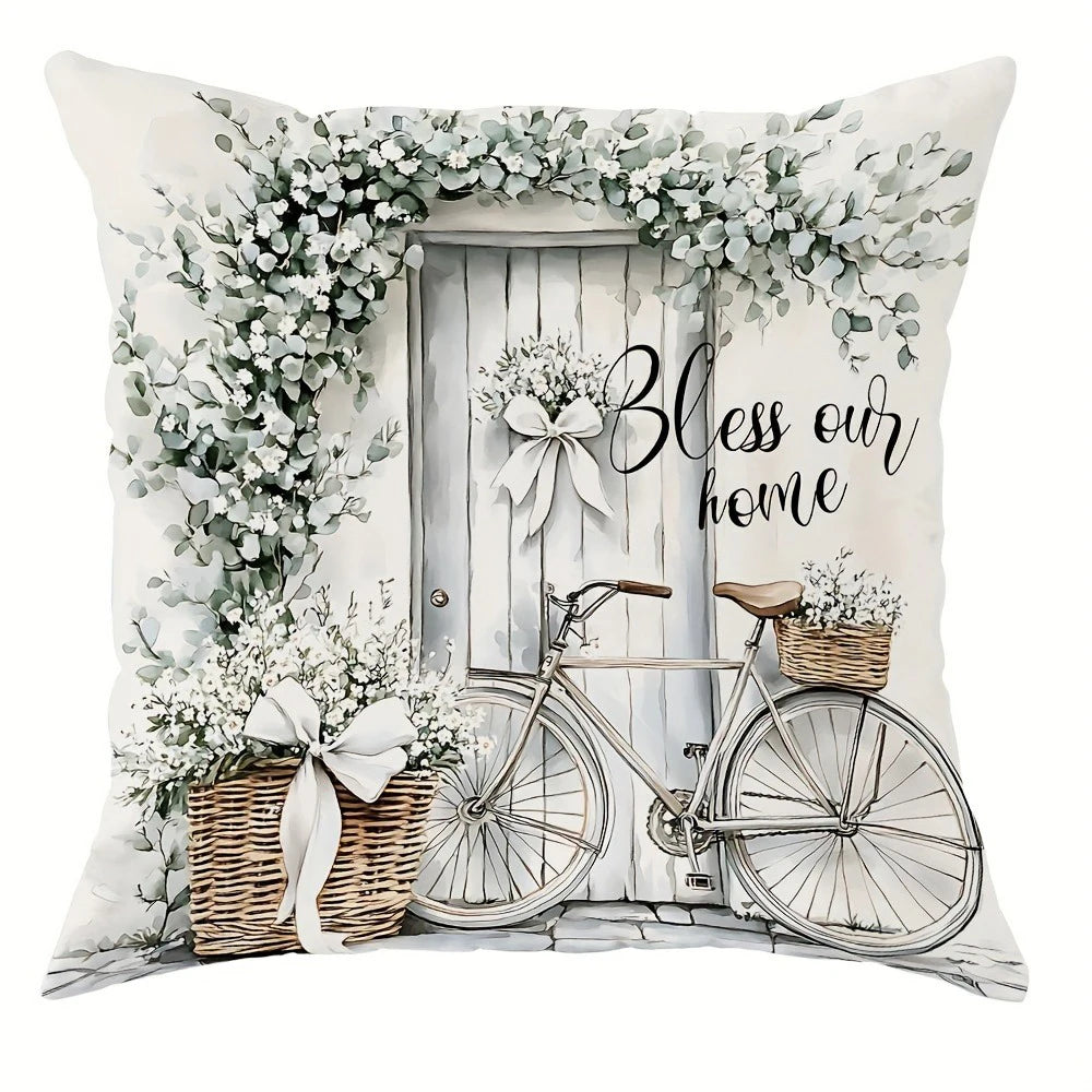 Nutshell rustic farmhouse pillow cover with vintage bicycle and floral wreath design Bless our home