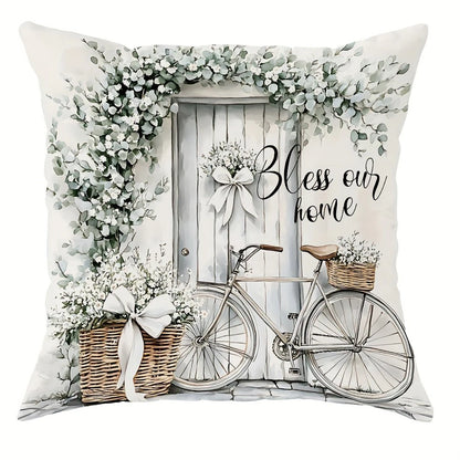 Nutshell rustic farmhouse pillow cover with vintage bicycle and floral wreath design Bless our home
