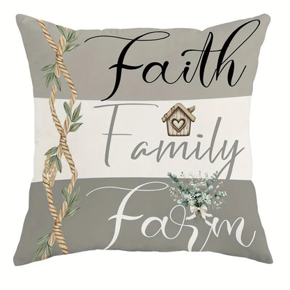 Rustic farmhouse pillow cover with Faith Family Farm text and decorative rope and floral design by Nutshell