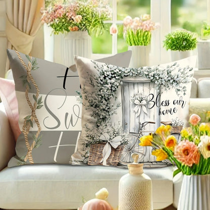 Nutshell rustic farmhouse pillow cover with floral wreath and basket design on cozy sofa