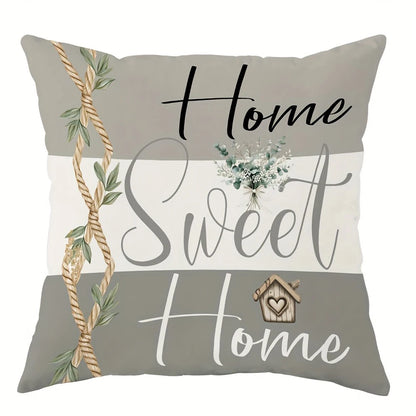 Rustic farmhouse pillow cover with Home Sweet Home text, rope, leaves, and birdhouse design