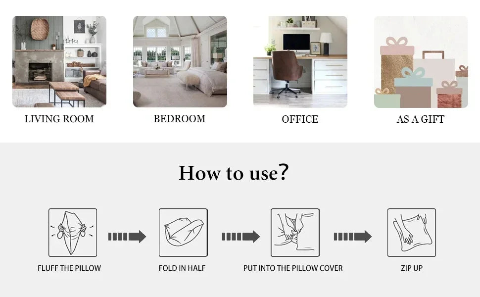 Instructions showing how to use rustic farmhouse pillow cover in living room, bedroom, office, or as a gift