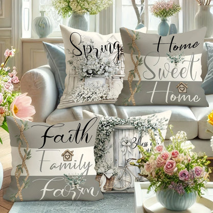 Rustic farmhouse pillow cover set with spring, home sweet home, faith family farm designs on cozy couch