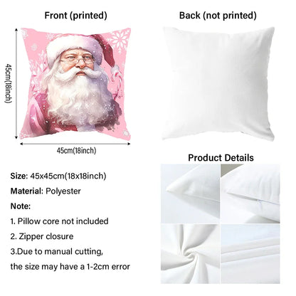 Rustic farmhouse pillow cover with printed Santa Claus design in pink and white polyester fabric