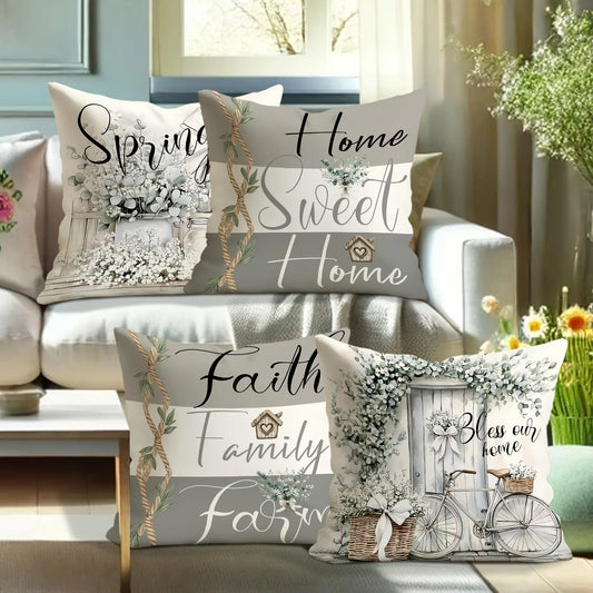 Rustic farmhouse pillow cover set featuring home sweet home, faith family farm, and spring floral designs
