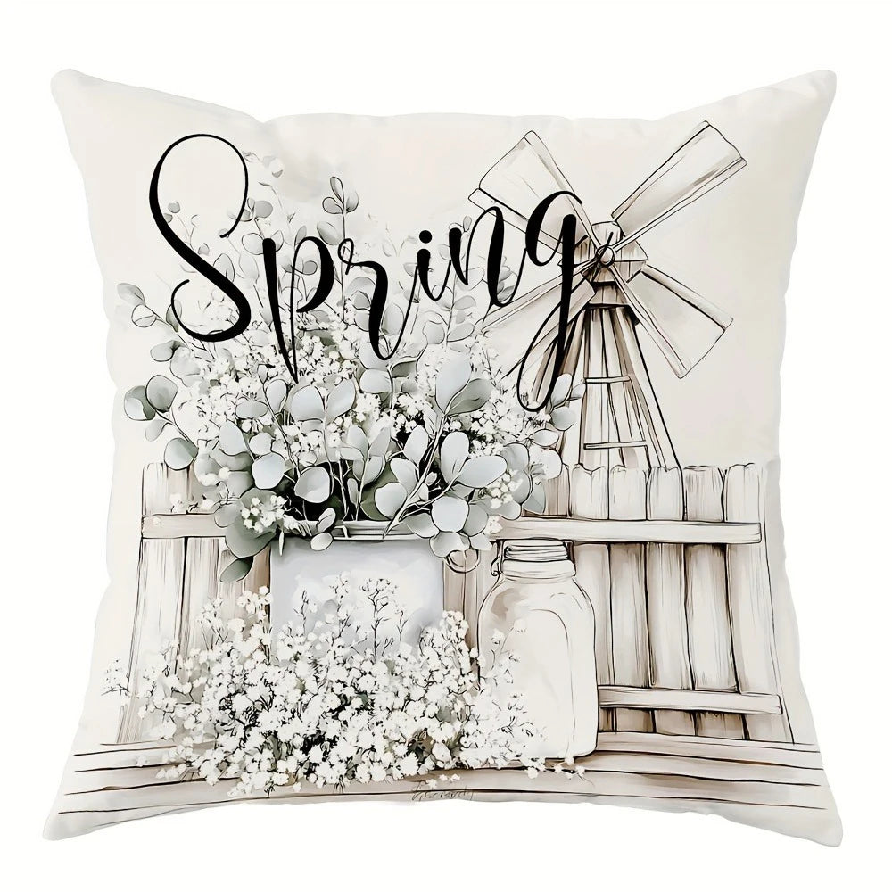 Nutshell rustic farmhouse pillow cover with spring floral design and windmill illustration