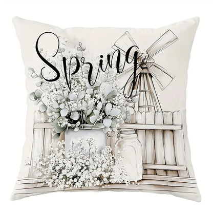Nutshell rustic farmhouse pillow cover with spring floral design and windmill illustration
