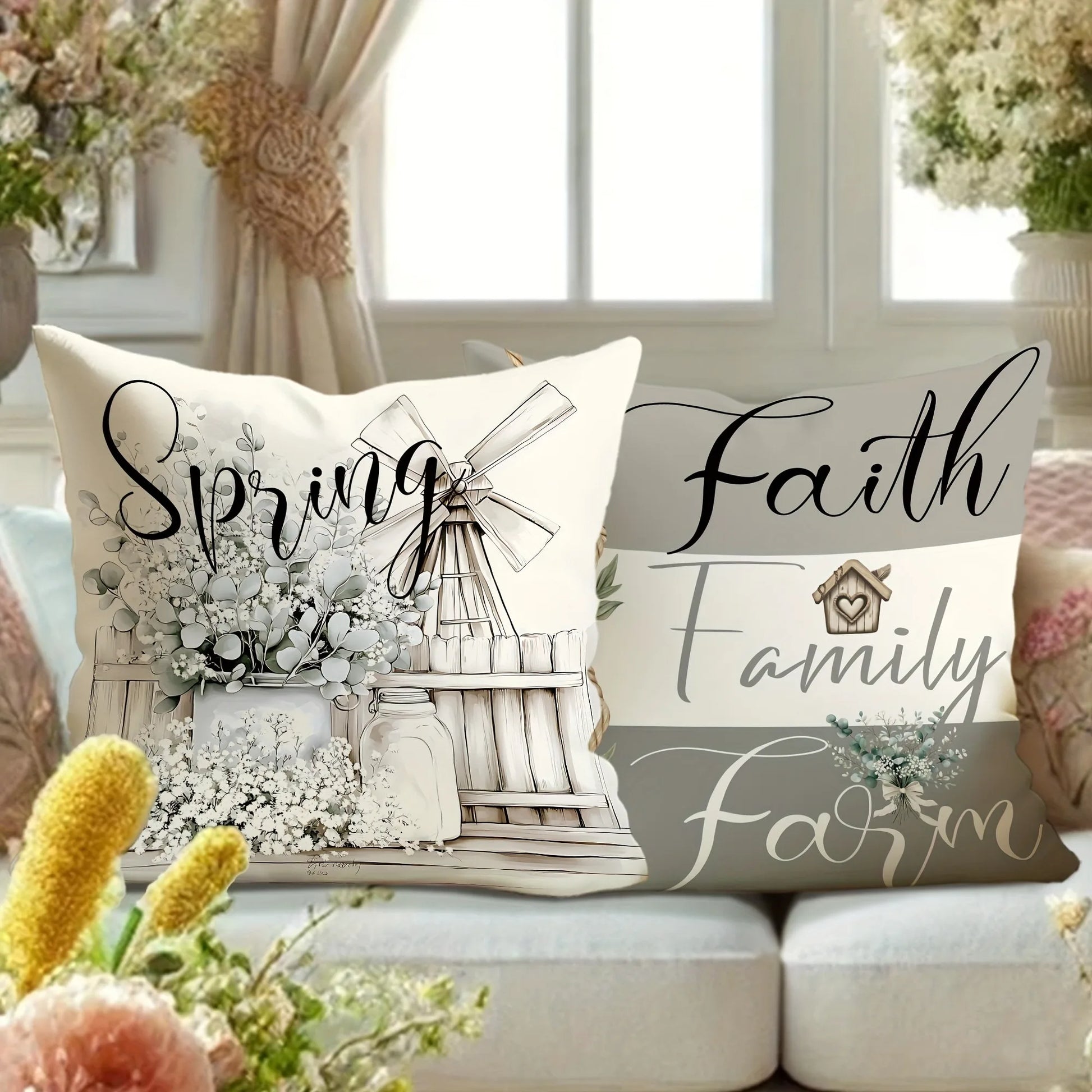 Rustic farmhouse pillow cover set with spring and faith family farm designs in soft neutral colors