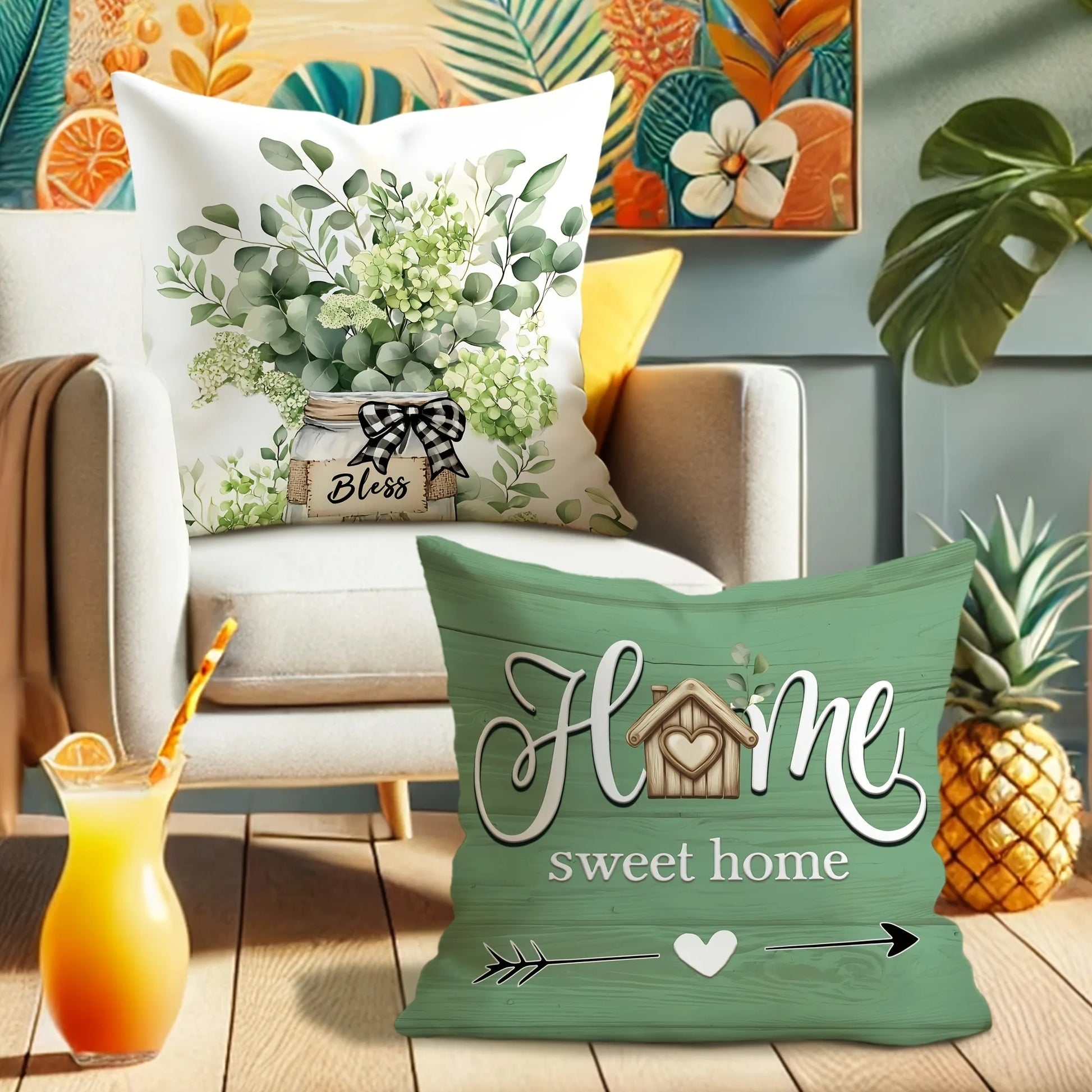 Rustic farmhouse sofa pillow cover set with home sweet home and floral blessings designs on cushions