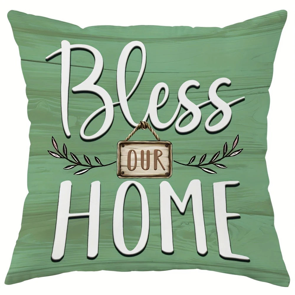 Rustic farmhouse sofa pillow cover with green wood background and Bless Our Home text design