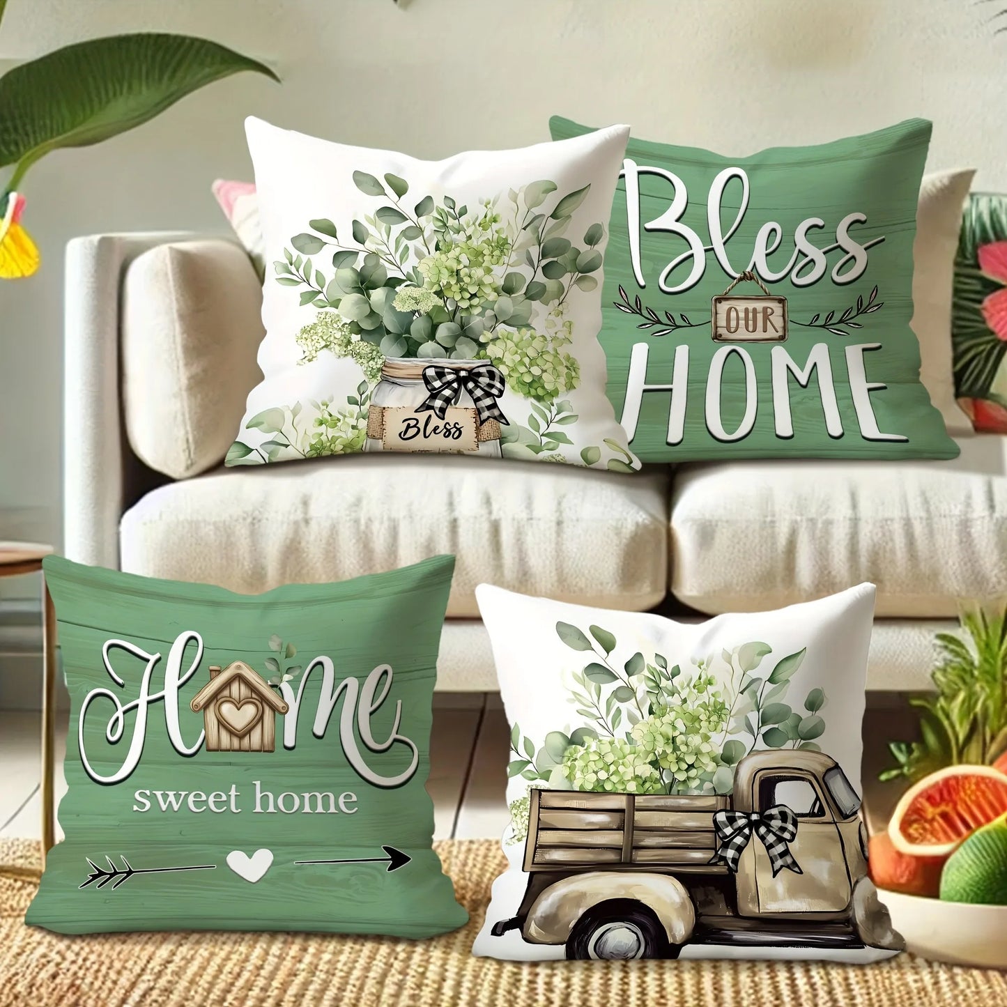 Rustic farmhouse sofa pillow cover set with green and white designs featuring home and floral themes