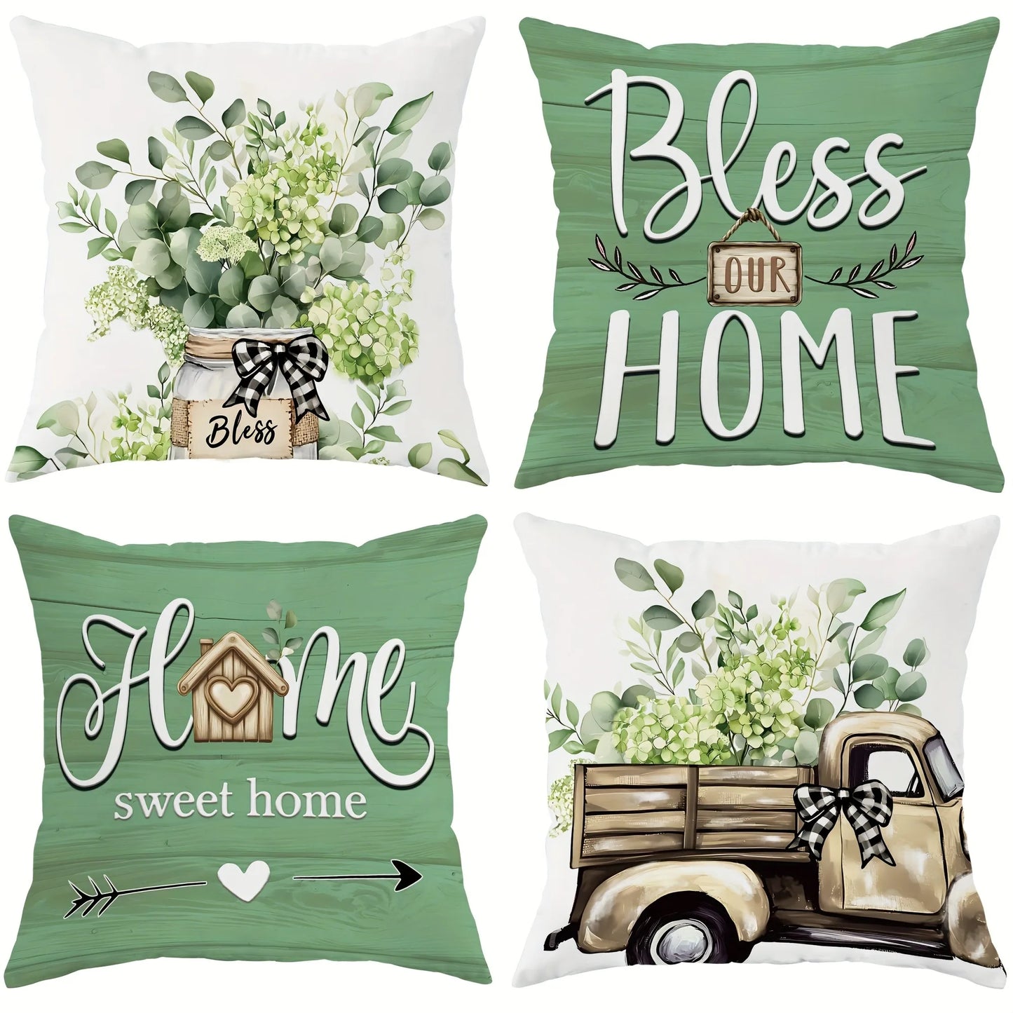 Set of 4 rustic farmhouse sofa pillow cover designs with greenery, vintage truck, and home blessings