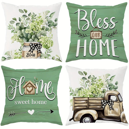 Set of 4 rustic farmhouse sofa pillow cover designs with greenery, vintage truck, and home blessings