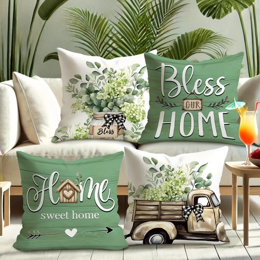 Rustic farmhouse sofa pillow cover set with floral and vintage truck designs in green and white colors