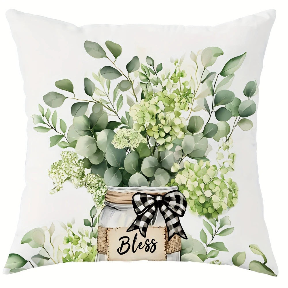 Rustic farmhouse sofa pillow cover with green foliage and flowers in mason jar with Bless tag