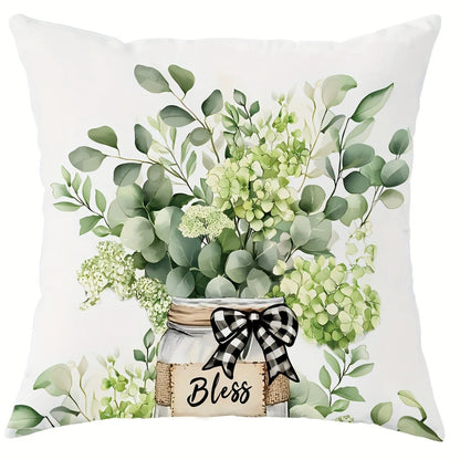 Rustic farmhouse sofa pillow cover with green foliage and flowers in mason jar with Bless tag