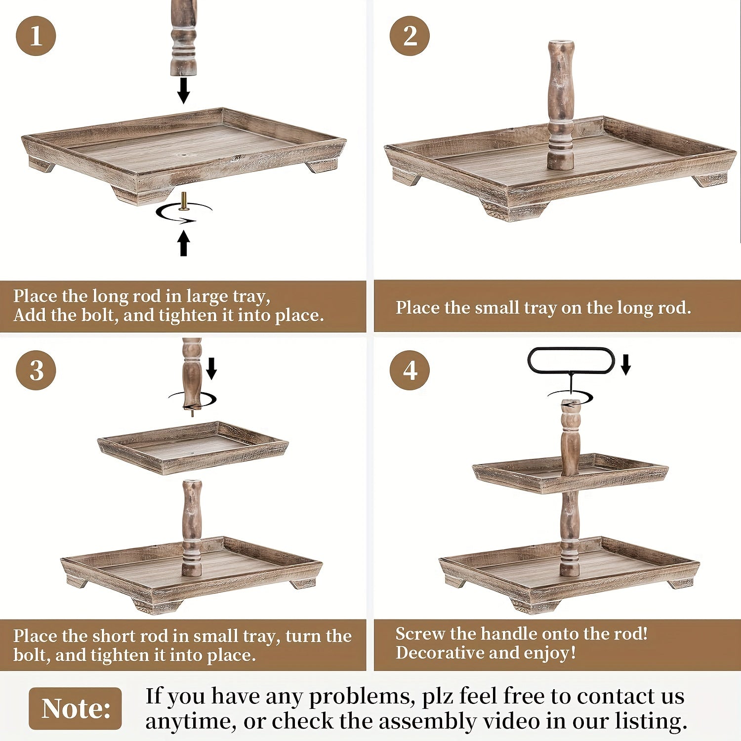 Rustic farmhouse tiered tray assembly guide with numbered steps and clear instructions