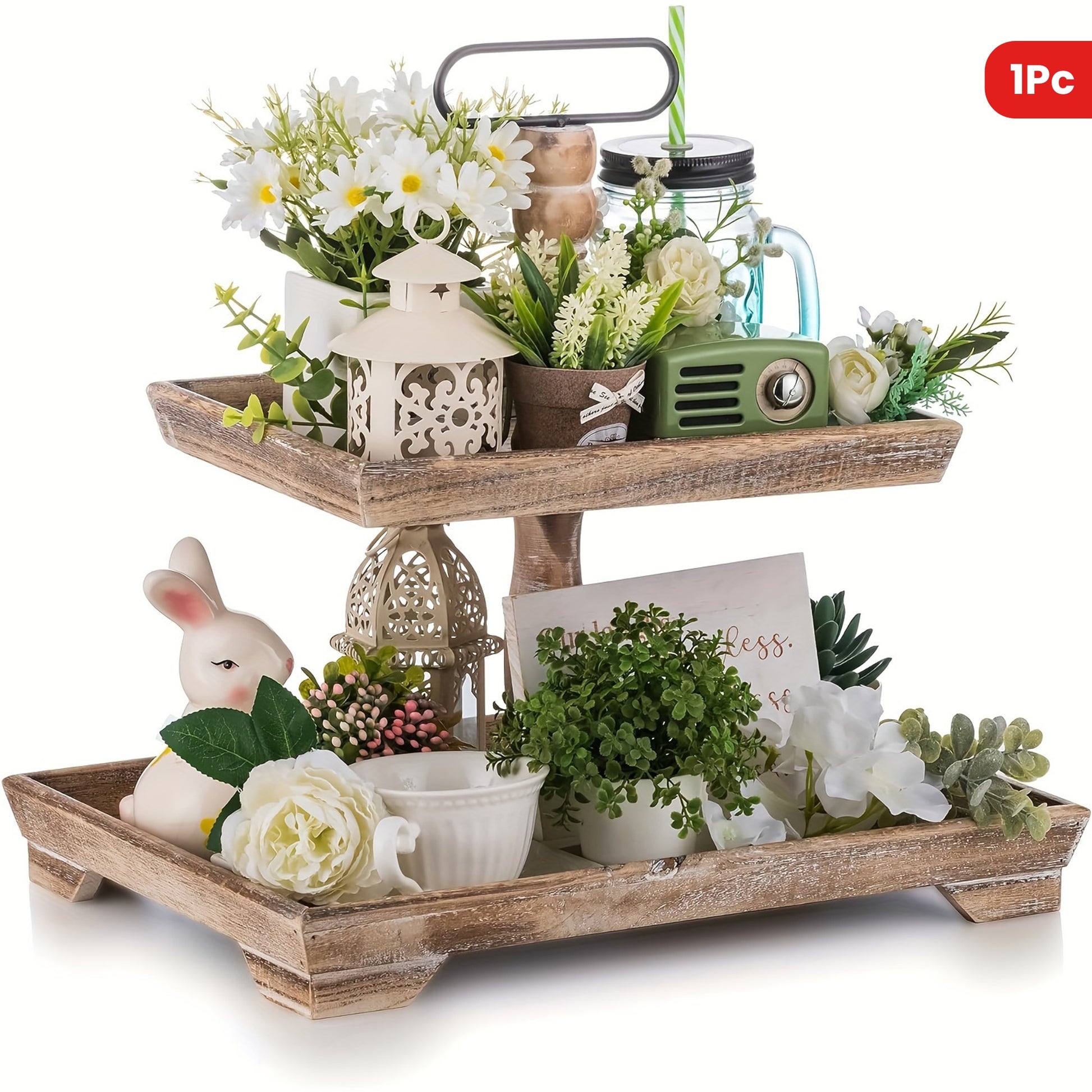 Rustic farmhouse tiered tray decorated with greenery, flowers, and charming accents for home decor