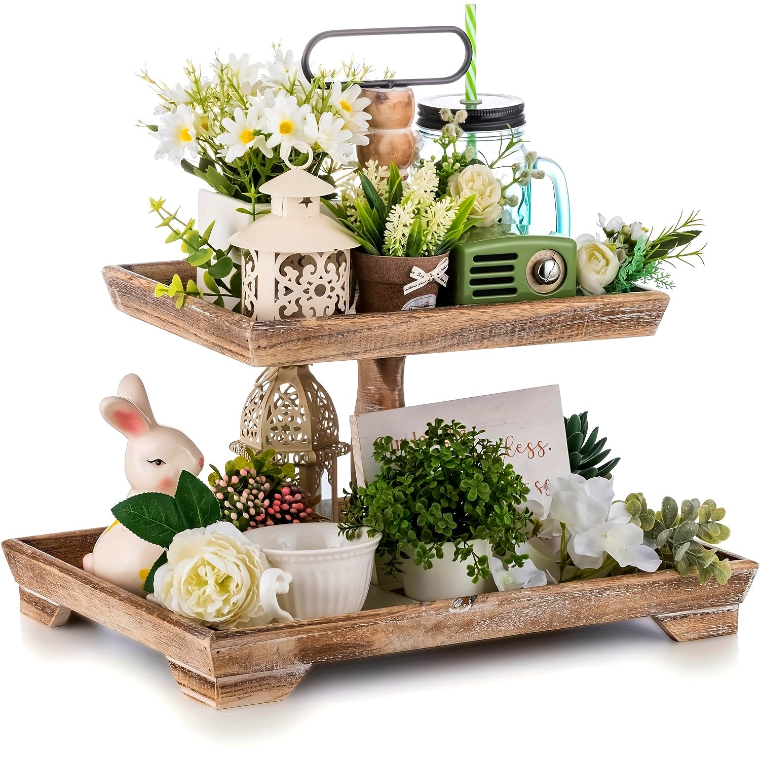 Nutshell rustic farmhouse tiered tray styled with flowers, decor pieces, and a charming bunny figurine