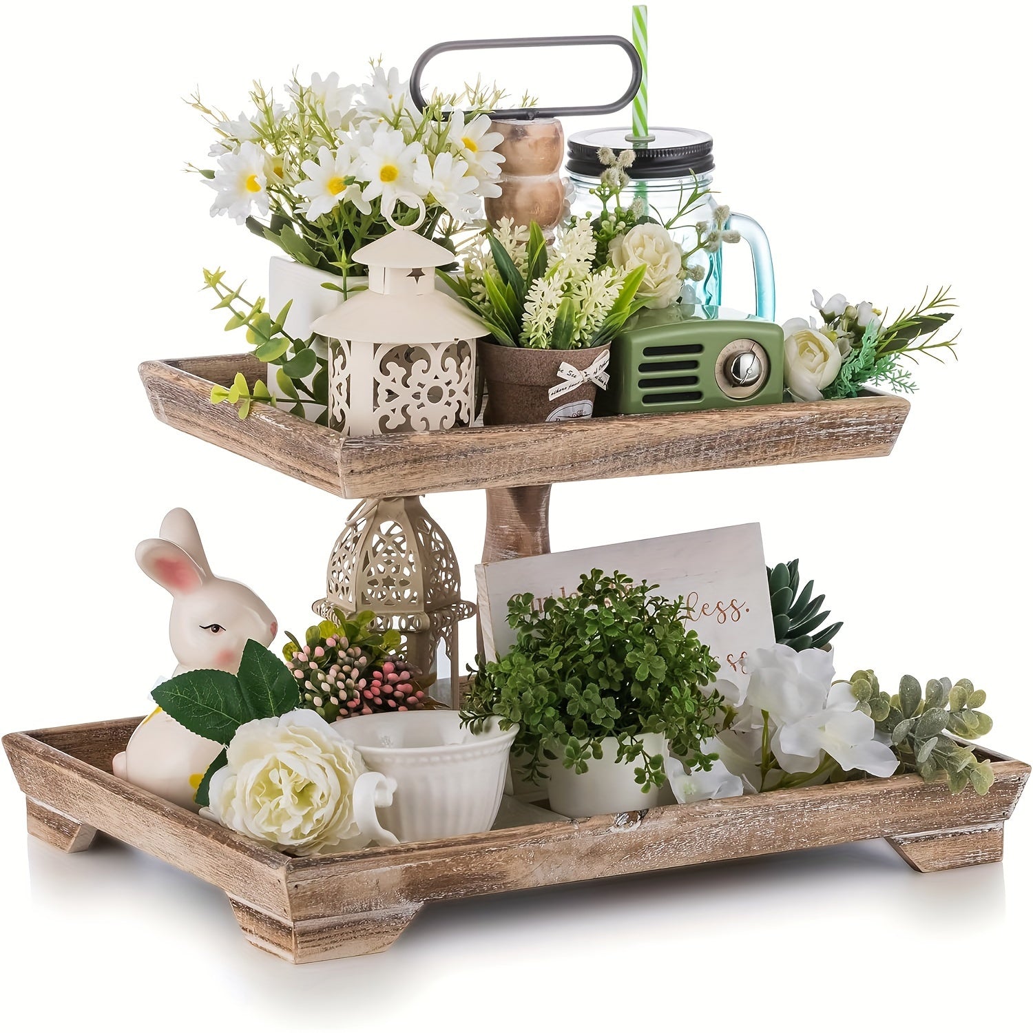 Rustic farmhouse tiered tray adorned with decorative plants, a lantern, and a ceramic bunny figurine