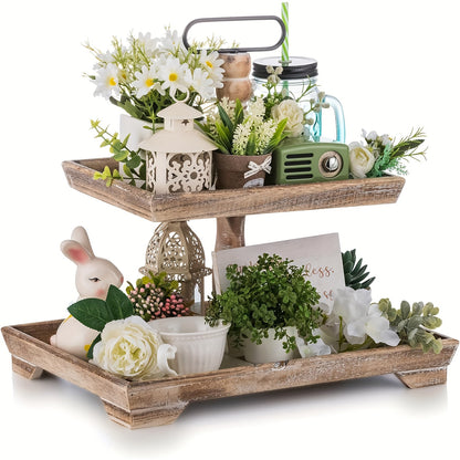Rustic farmhouse tiered tray adorned with decorative plants, a lantern, and a ceramic bunny figurine