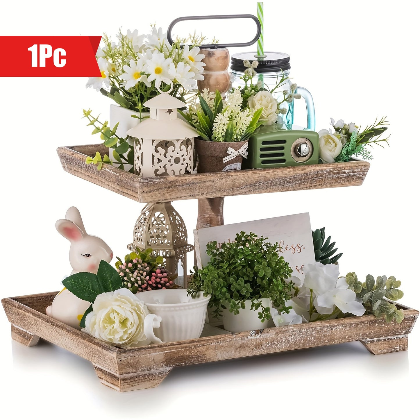 Rustic farmhouse tiered tray featuring decorative plants and charming accents for home decor