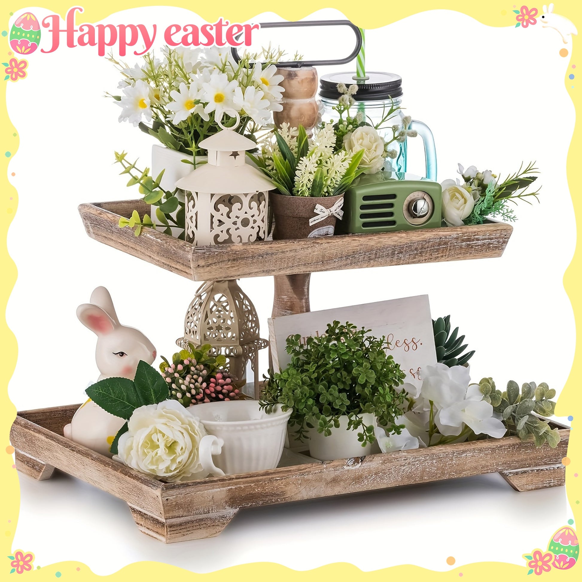 Rustic farmhouse tiered tray decorated with flowers, bunny, and vintage-inspired accents for Easter