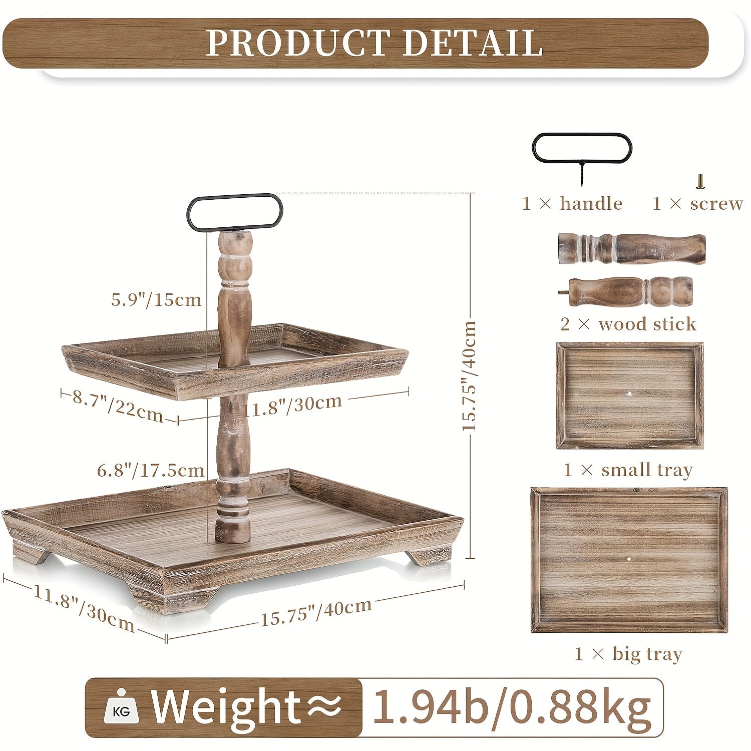 Rustic farmhouse tiered tray with wooden design, featuring two trays and a sturdy handle for home decor