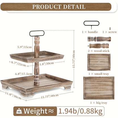 Rustic farmhouse tiered tray with wooden design, featuring two trays and a sturdy handle for home decor