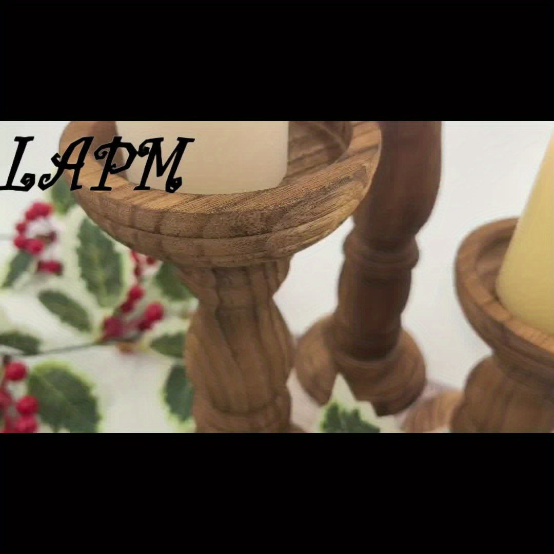 Set of rustic farmhouse wooden candle holders in natural wood finish with decorative accents