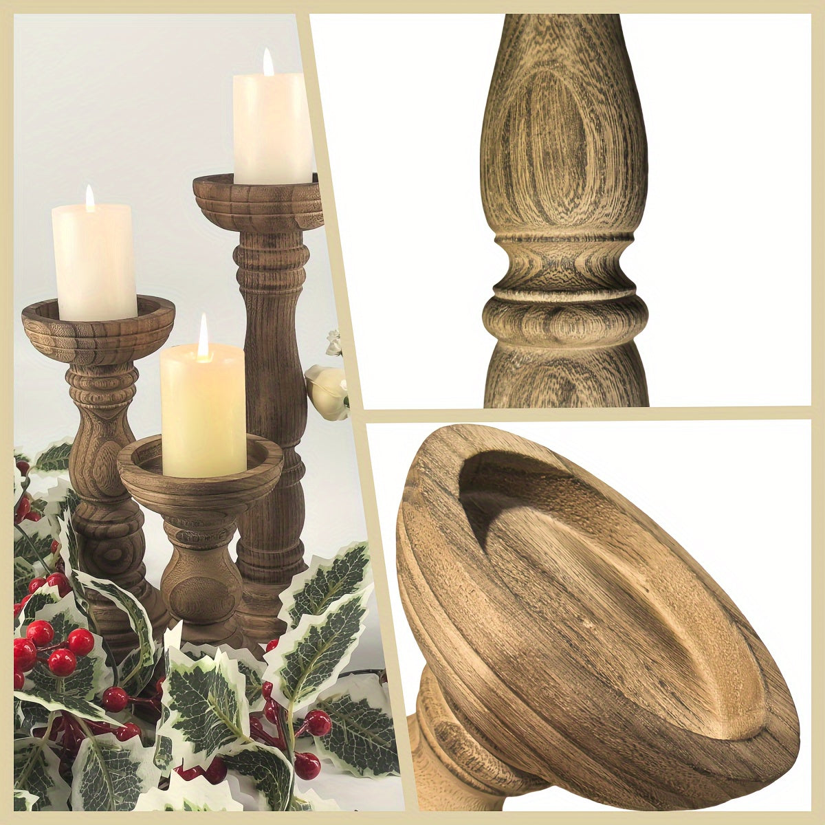 Nutshell rustic farmhouse wooden candle holders in various heights with white candles, perfect for home decor