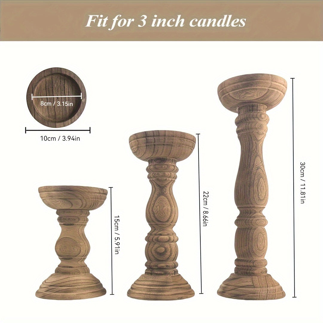 Rustic farmhouse wooden candle holders in three sizes for 3 inch candles, ideal for home decor