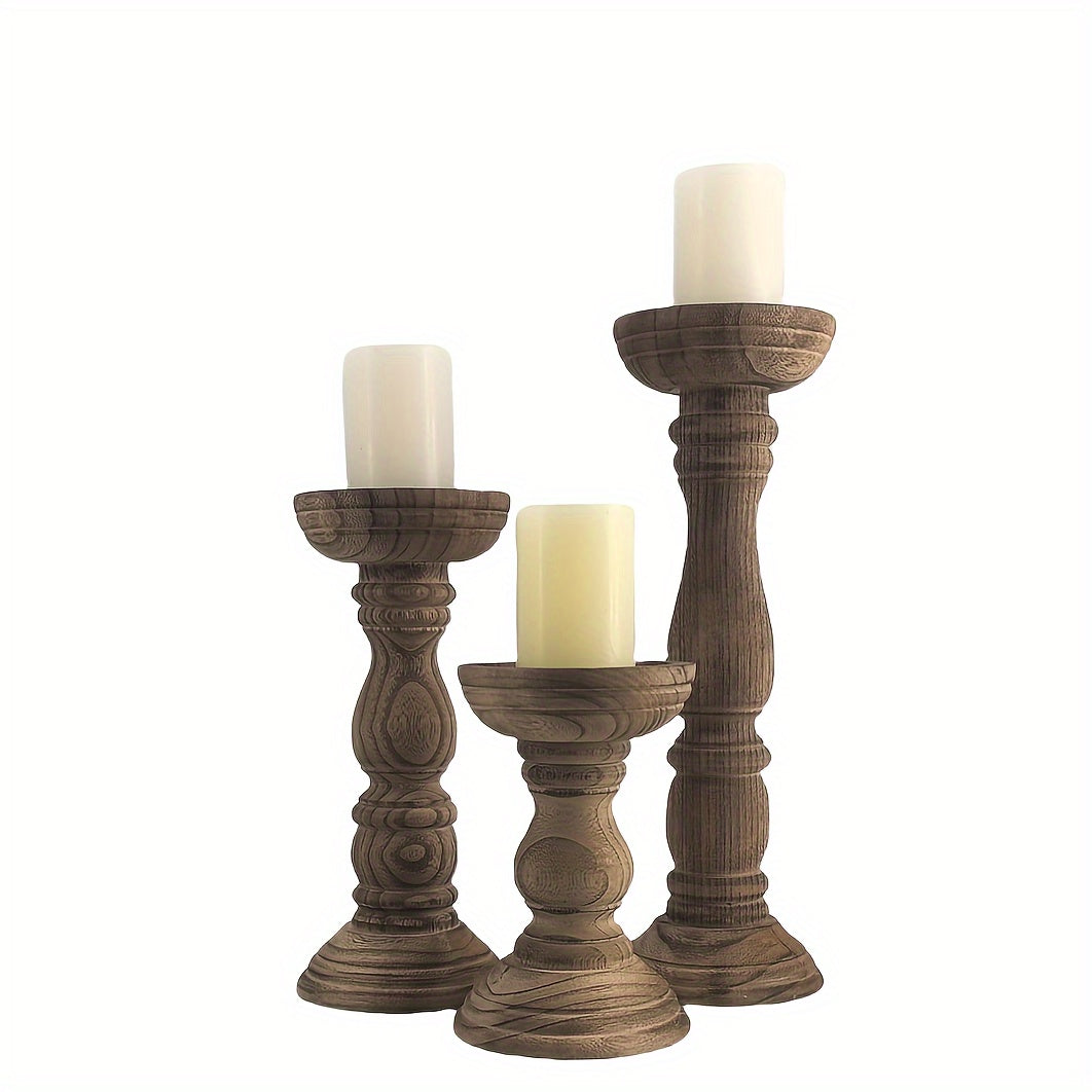 Set of three rustic farmhouse wooden candle holders in varying heights, perfect for home decor