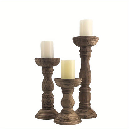 Set of three rustic farmhouse wooden candle holders in varying heights, perfect for home decor
