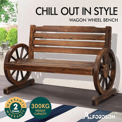 Rustic Garden Bench Wagon Wheel made of wood with a sturdy design and 300kg weight capacity