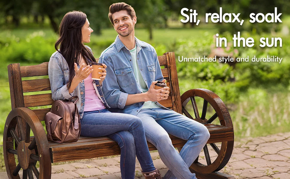 Rustic Garden Bench Wagon Wheel perfect for relaxing outdoors with unmatched style and durability