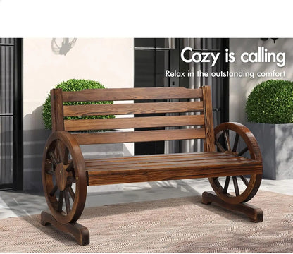 Rustic Garden Bench Wagon Wheel crafted from wood for outdoor relaxation and comfort