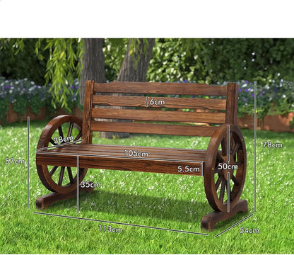 Rustic Garden Bench Wagon Wheel crafted from wood with a charming design for outdoor seating