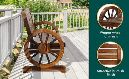 Rustic Garden Bench Wagon Wheel with stylish armrests and attractive burnish finish