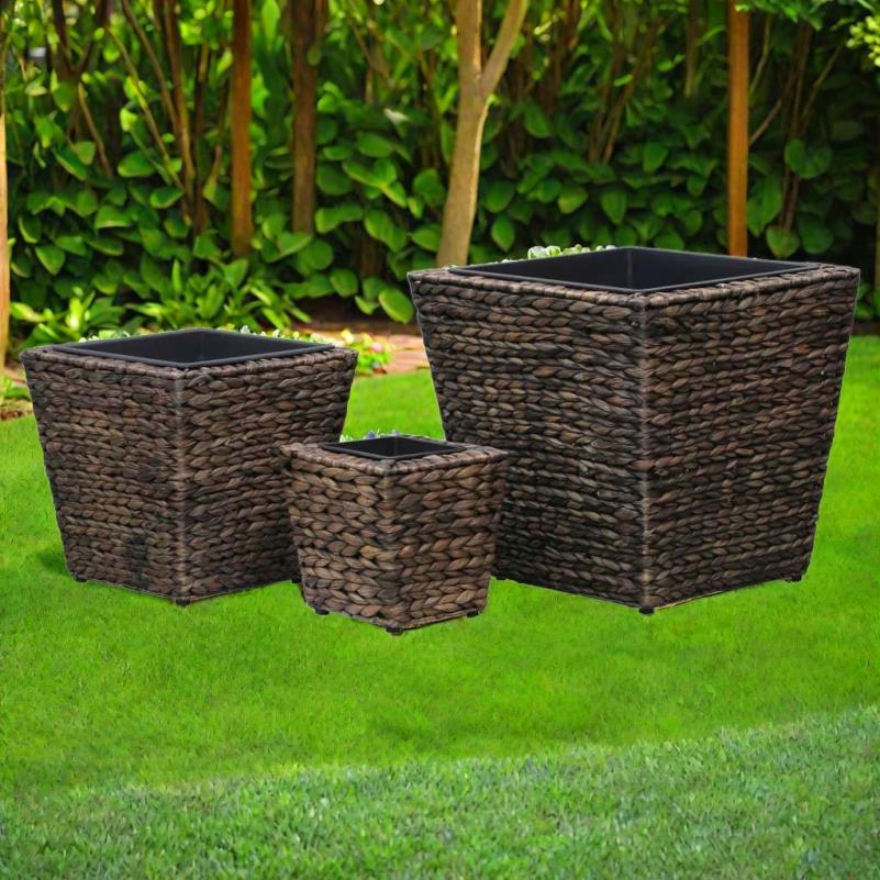 Rustic raised garden beds set with three woven planters for outdoor gardening and decoration