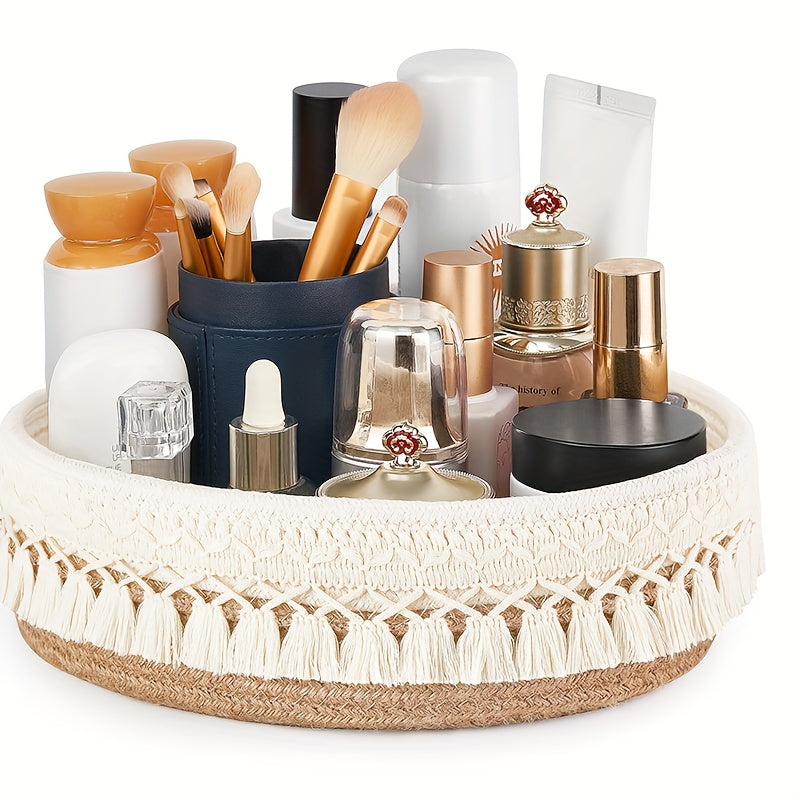 Nutshell rustic storage basket with decorative fringe holding various beauty products and tools