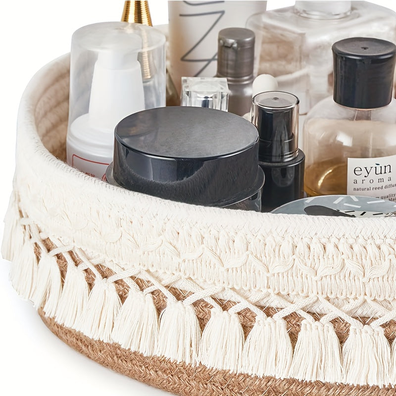 Nutshell rustic storage basket with braided trim, perfect for organizing beauty products and home essentials