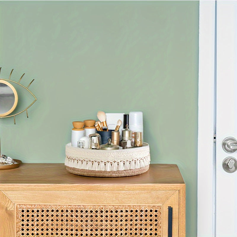 Nutshell rustic storage basket on a wooden cabinet holding various beauty products and decor items