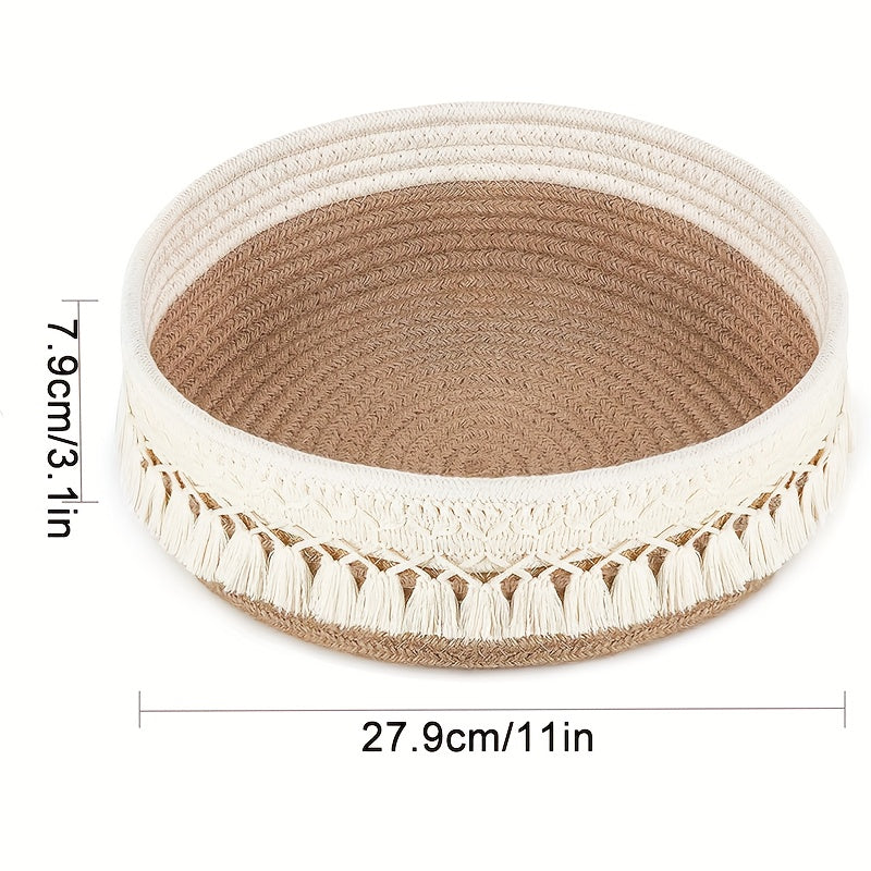 Nutshell rustic storage basket in beige with decorative tassels, 27.9cm diameter and 7.9cm height