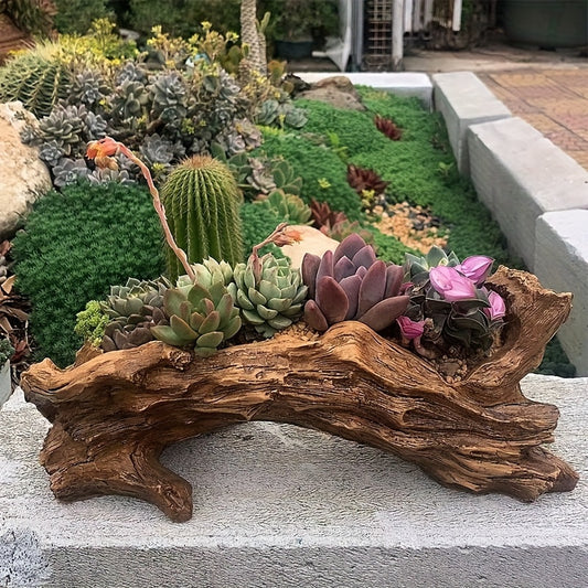 1pc Rustic Style Resin Tree Stump Pot plant displaying assorted succulents in a beautiful garden setting