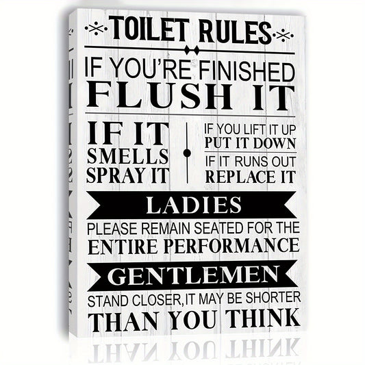 Rustic toilet rules canvas art featuring humorous bathroom guidelines and etiquette